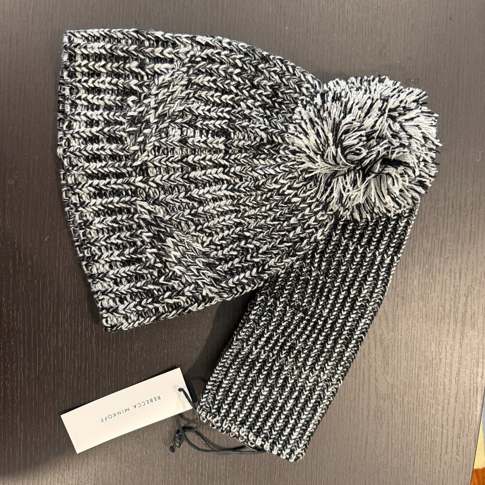 NWT Rebecca Minkoff Knit Beanie & Arm warmers Set Black Gray Marled | One Size
